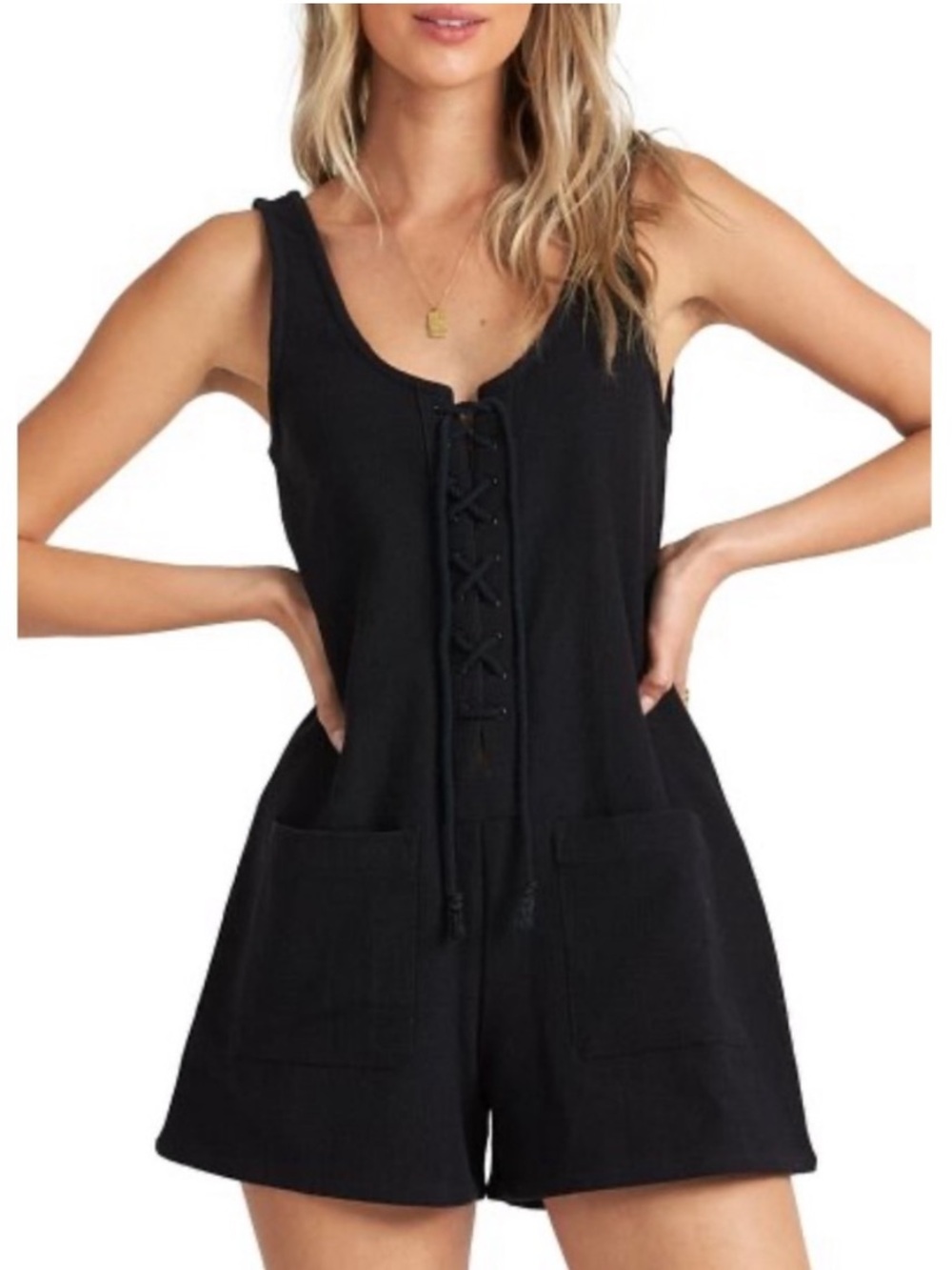 Billabong Lazy Waves Black Lace-Up Knit Romper
